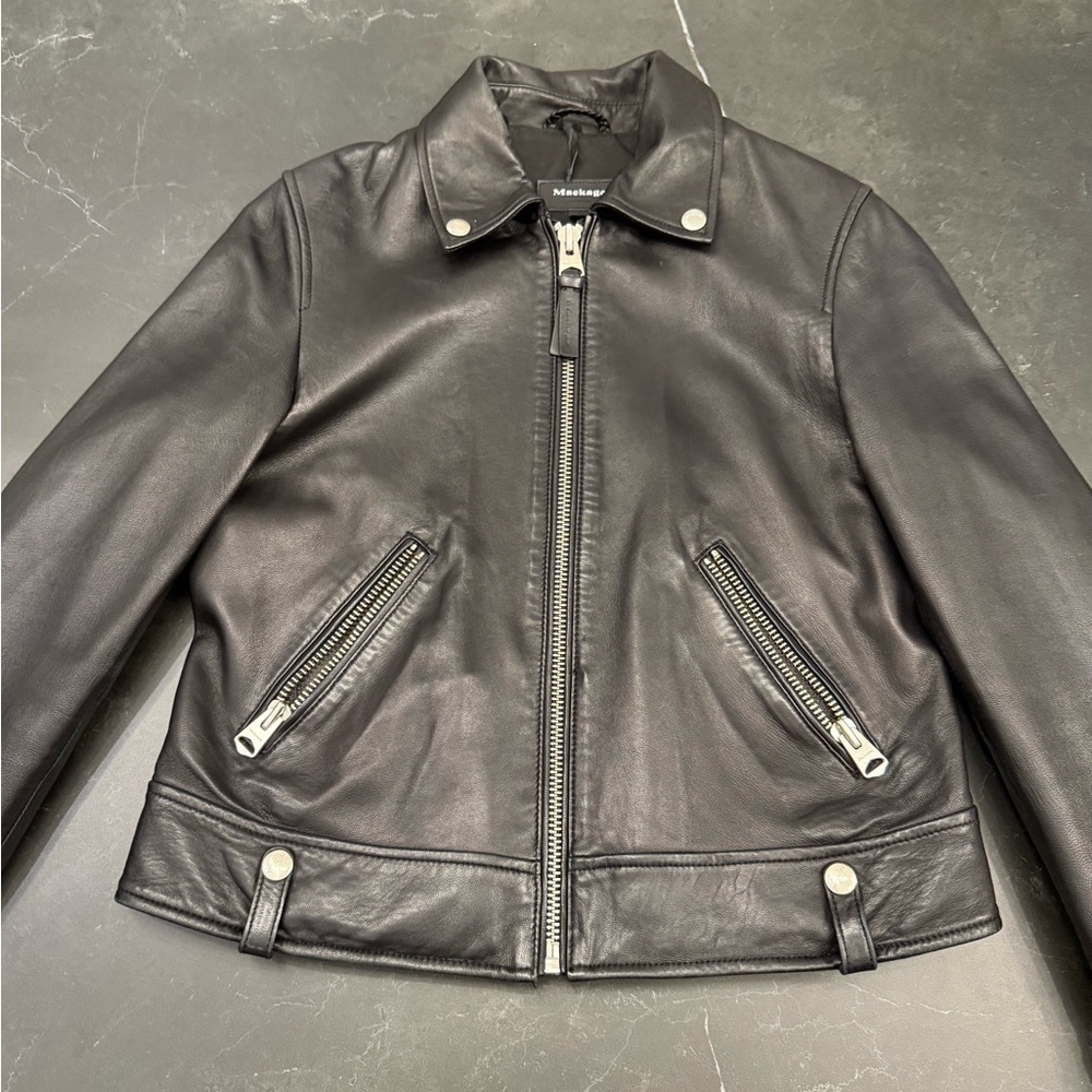 Mackage Black Leather Jacket with Silver Zippers